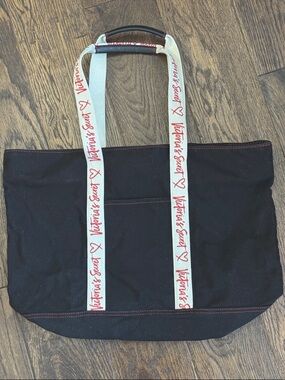 Victoria’s Secret Black Canvas Tote Bag Red Script Straps Large Carryall Y2K